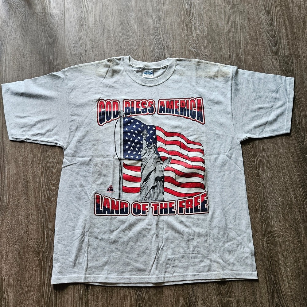 Vintage Y2K God Bless America T Shirt XXL USA Flag Statue Liberty 2XL Gray - Picture 1 of 10